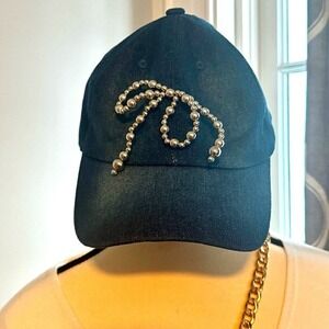 denim blue adjustable hat women with silver bead bow tie NWT